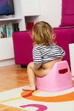 Little girl sitting on the potty at home.