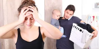 husband helps his depressed wife after baby